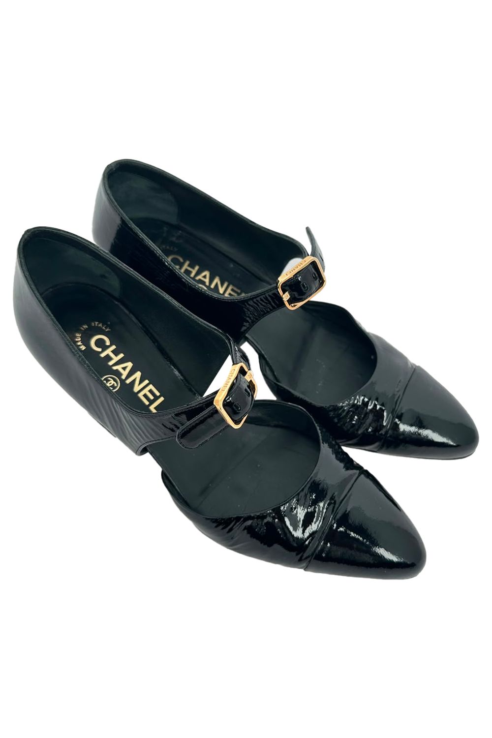 Chanel Almond-Toe Mary Jane Pumps in Black Patent Leather