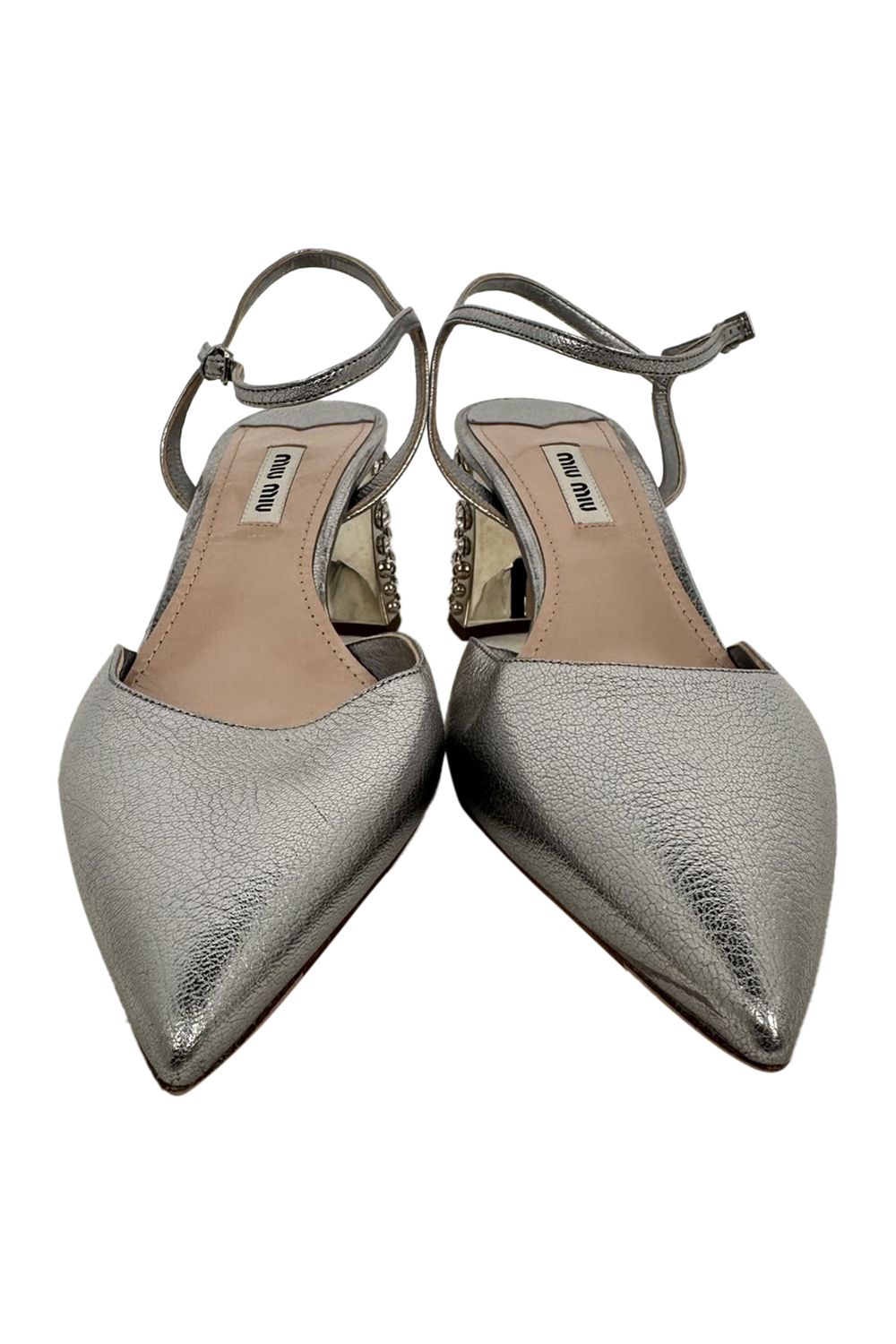 Miu Miu.Pointed-Toe Jewel-Embellished Slingback Block Heels in Silver Leather