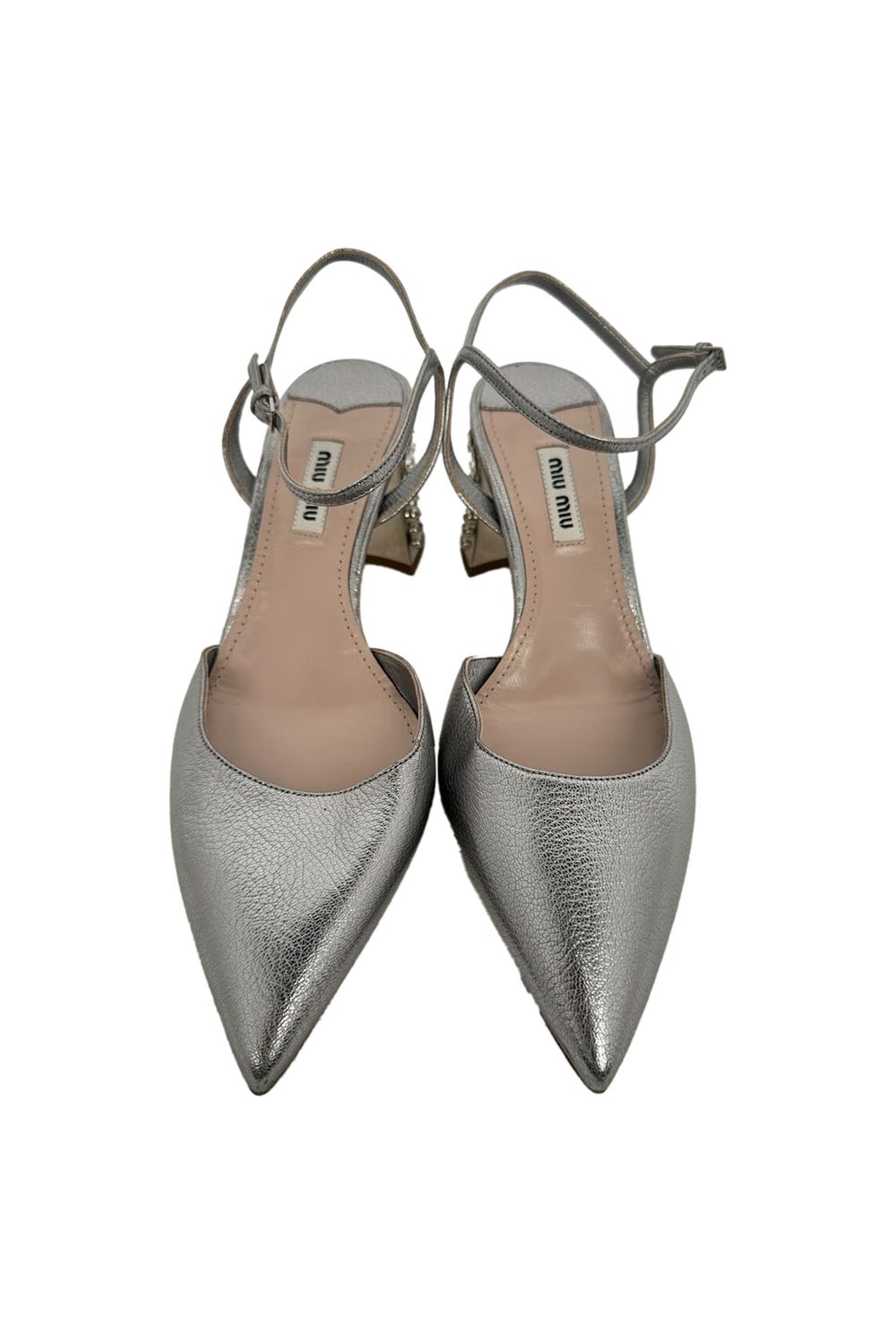 Miu Miu.Pointed-Toe Jewel-Embellished Slingback Block Heels in Silver Leather