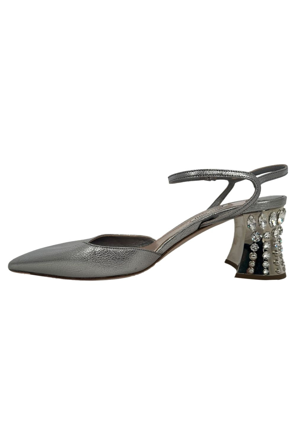 Miu Miu.Pointed-Toe Jewel-Embellished Slingback Block Heels in Silver Leather