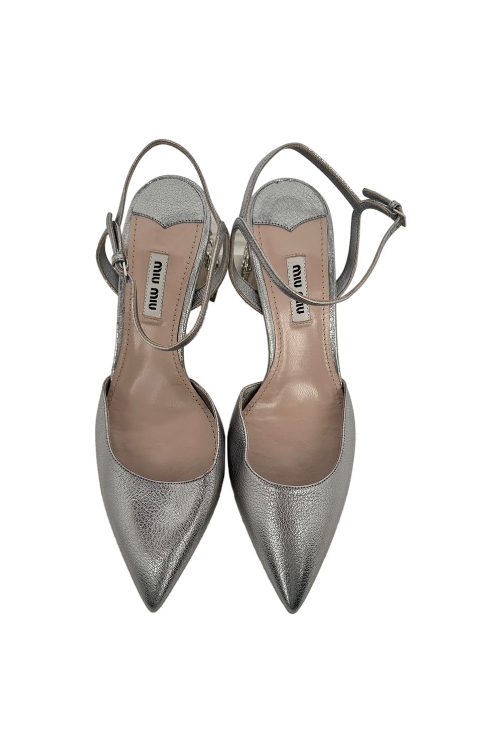 Miu Miu.Pointed-Toe Jewel-Embellished Slingback Block Heels in Silver Leather