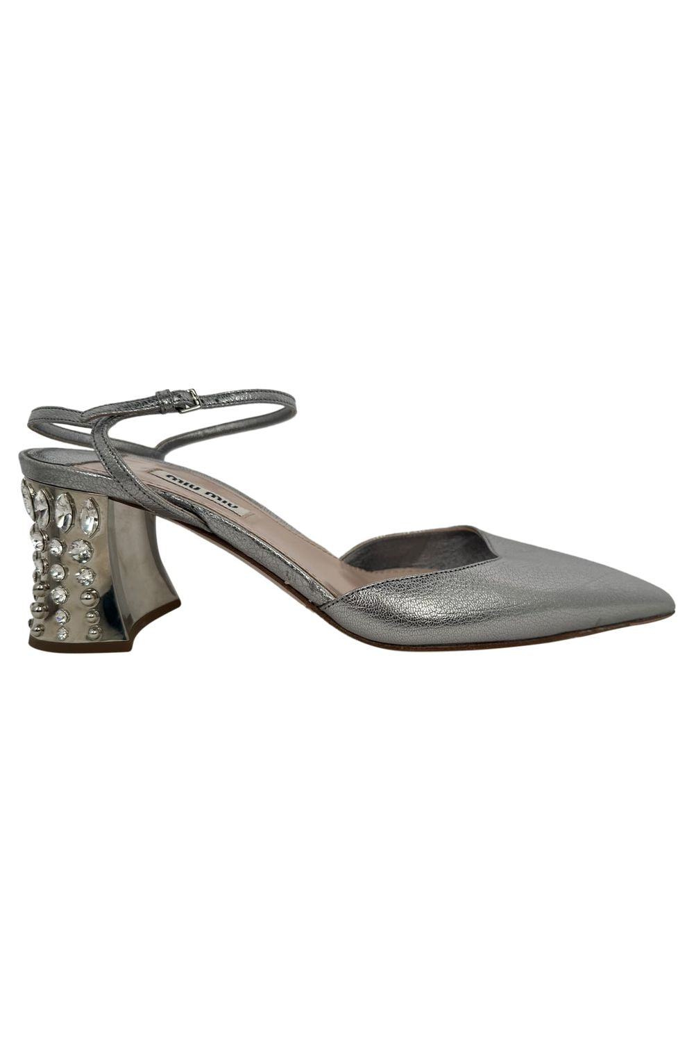 Miu Miu.Pointed-Toe Jewel-Embellished Slingback Block Heels in Silver Leather