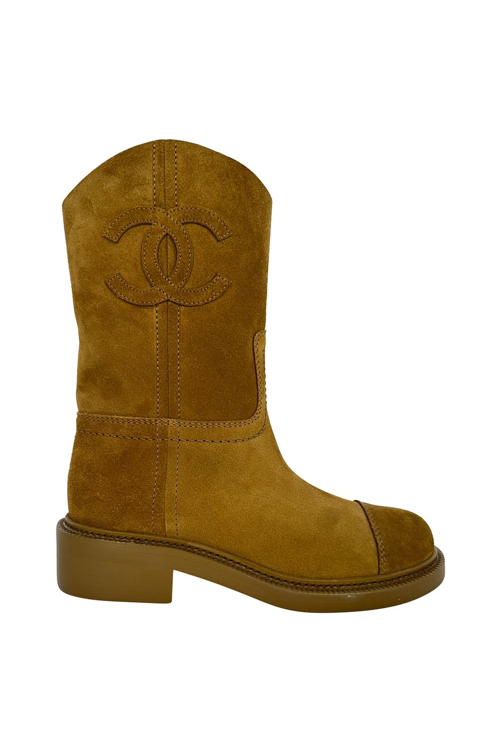 Chanel Interlocking CC Logo Mid-Calf Riding Boots in Camel Suede 