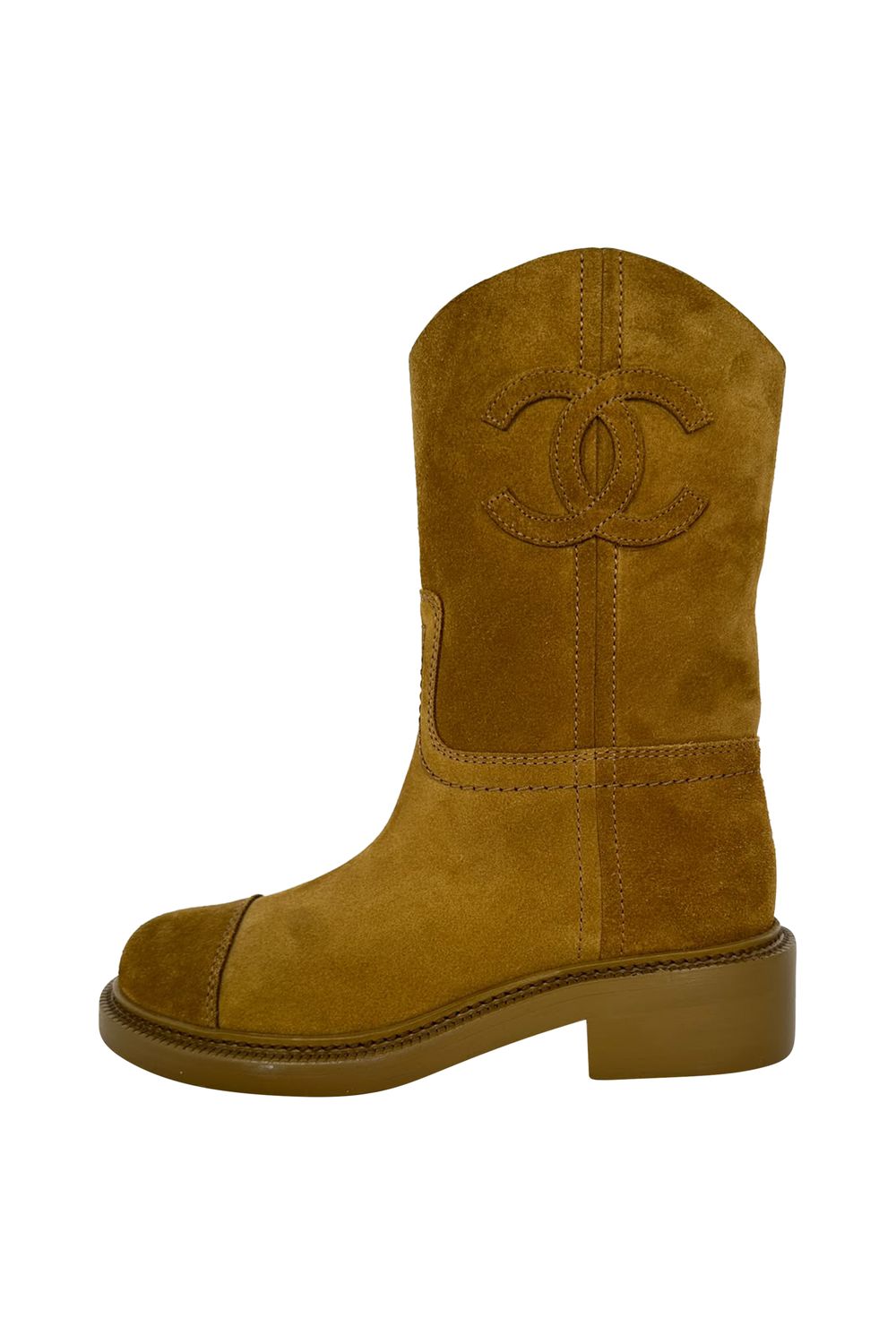 Chanel Interlocking CC Logo Mid-Calf Riding Boots in Camel Suede 