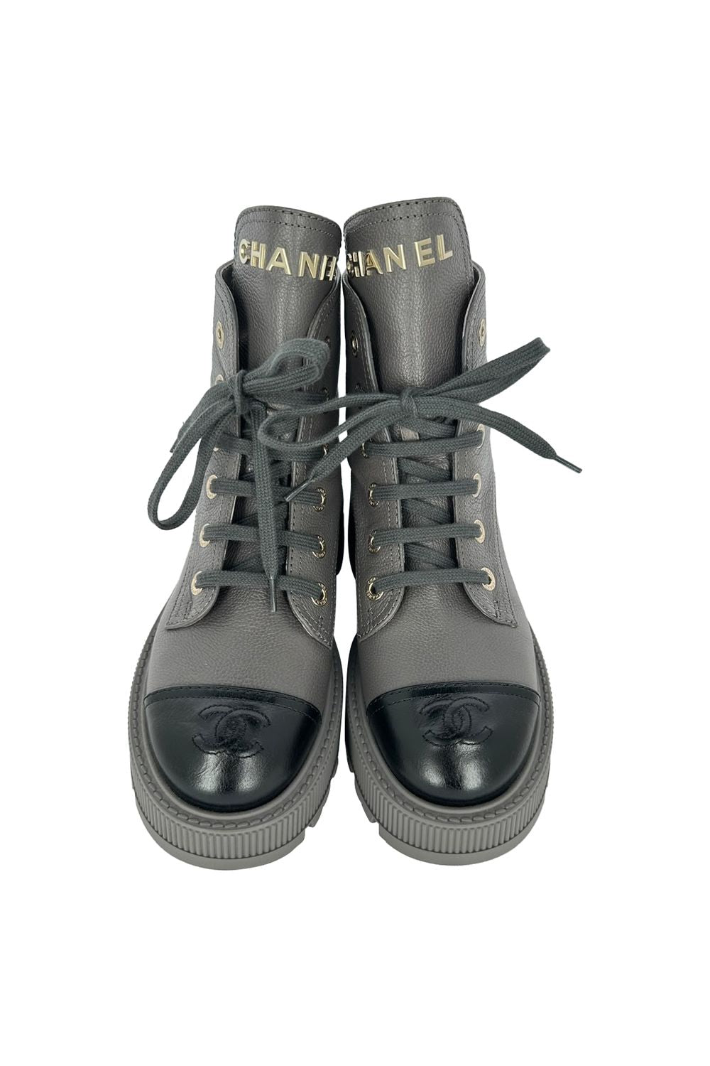 Chanel CC Lace-Up Combat Boots in Grey Leather