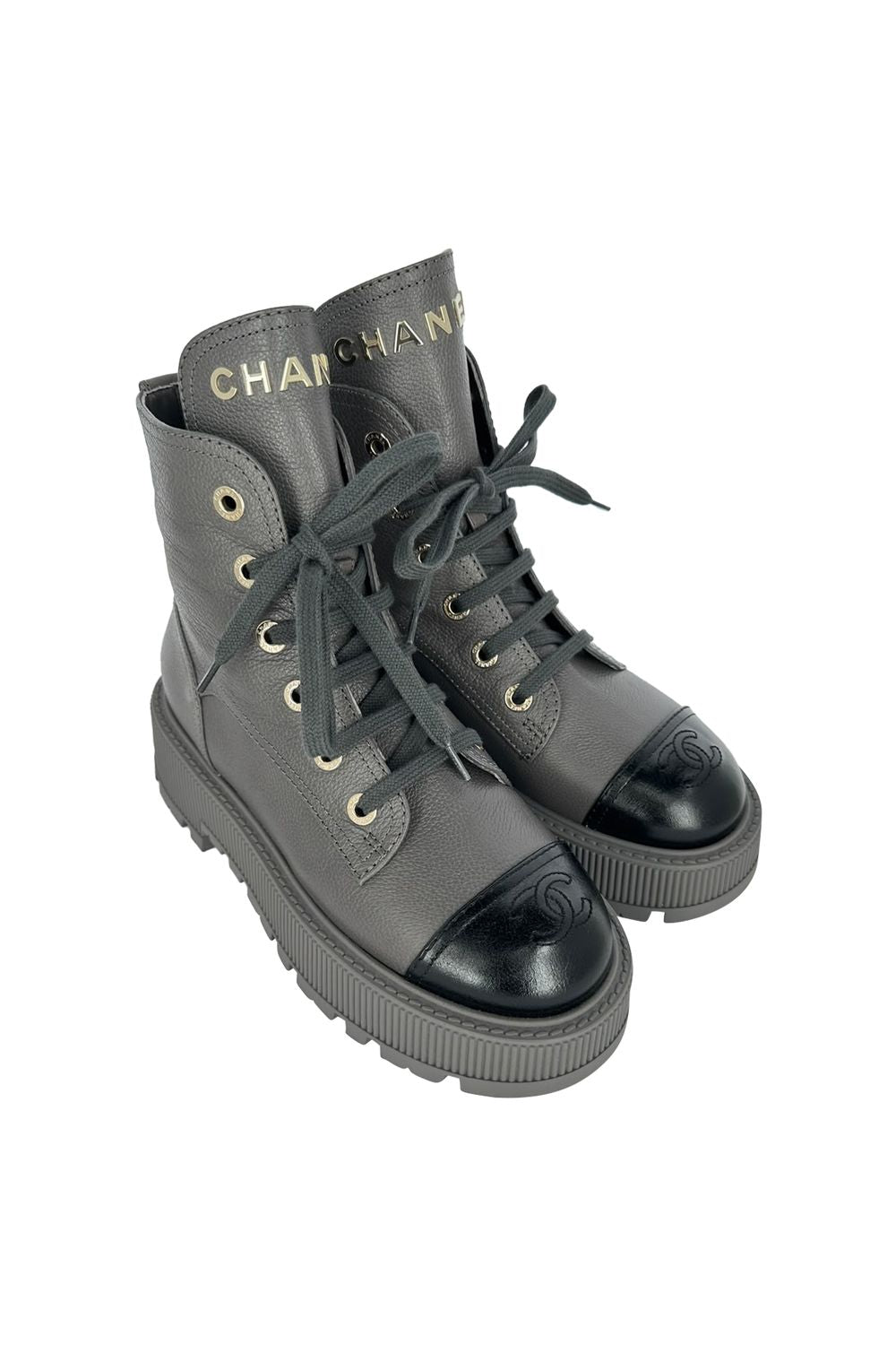 Chanel CC Lace-Up Combat Boots in Grey Leather