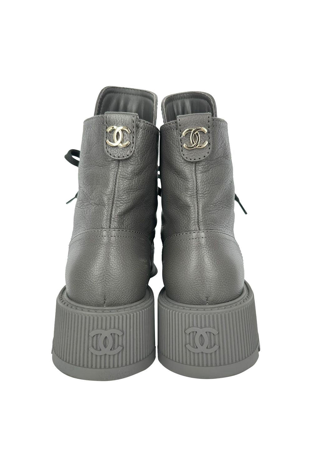 Chanel CC Lace-Up Combat Boots in Grey Leather