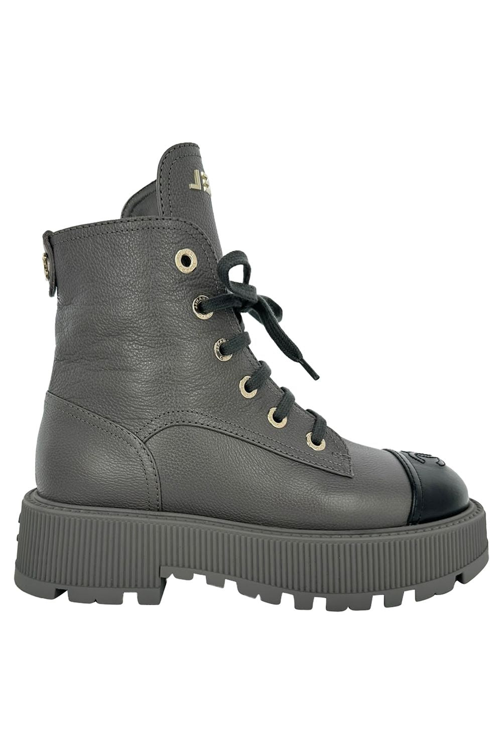 Chanel CC Lace-Up Combat Boots in Grey Leather