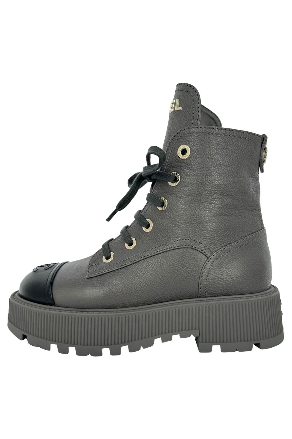 Chanel CC Lace-Up Combat Boots in Grey Leather