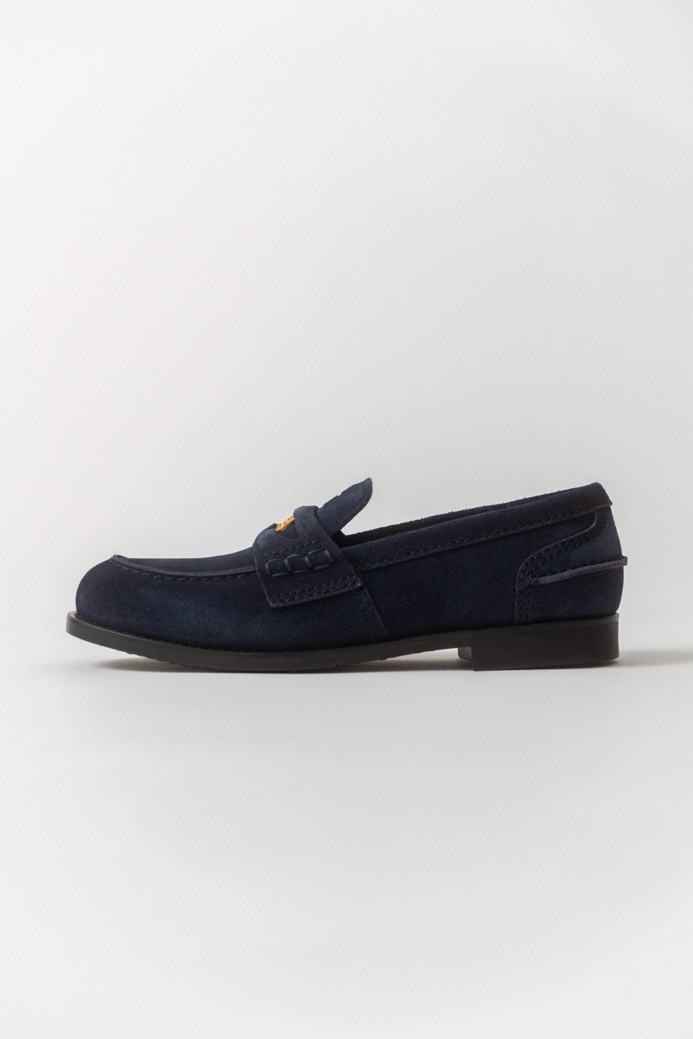 Miu Miu Logo Navy Suede Loafers - Bessette