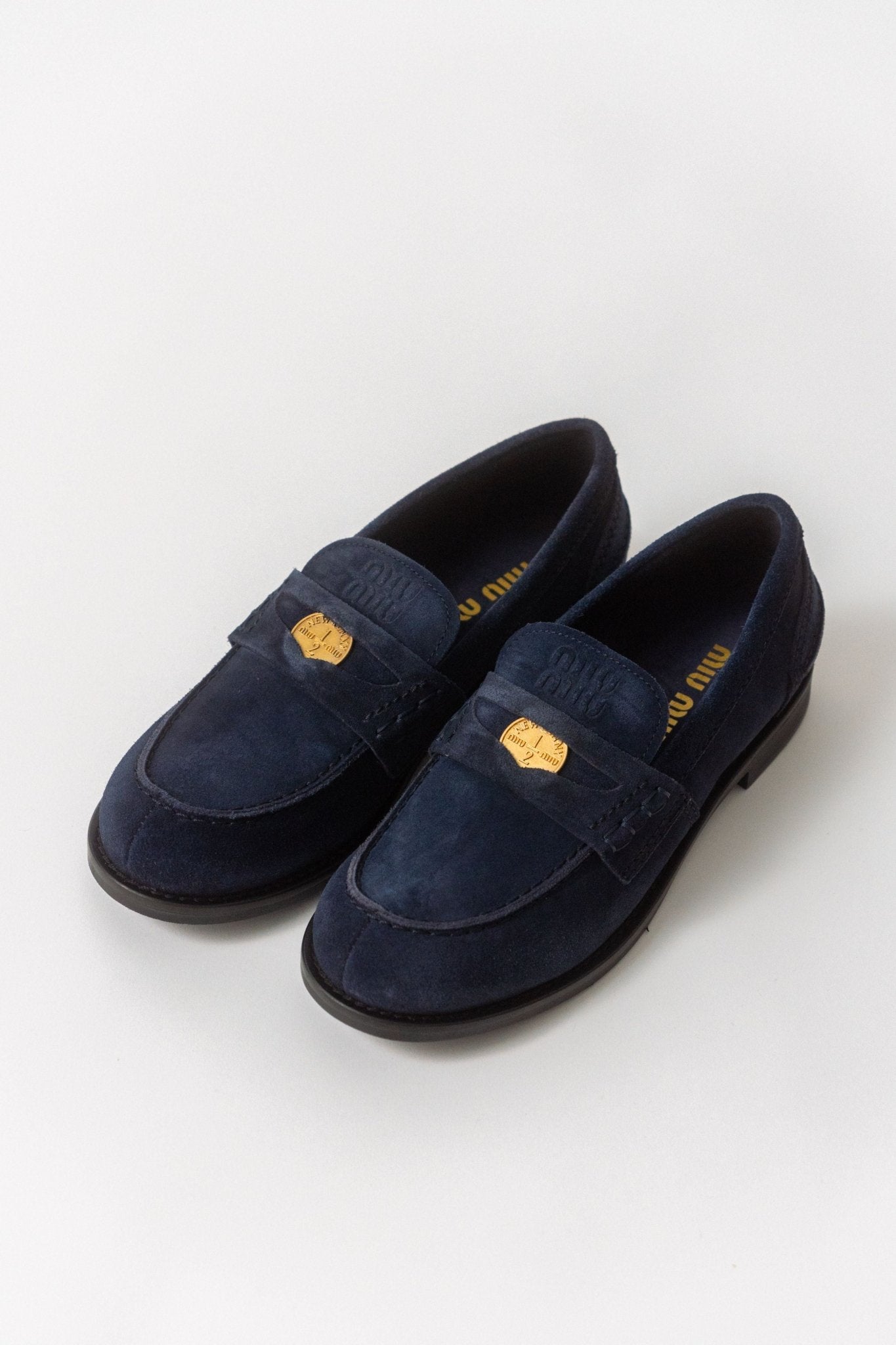 Miu Miu Logo Navy Suede Loafers - Bessette