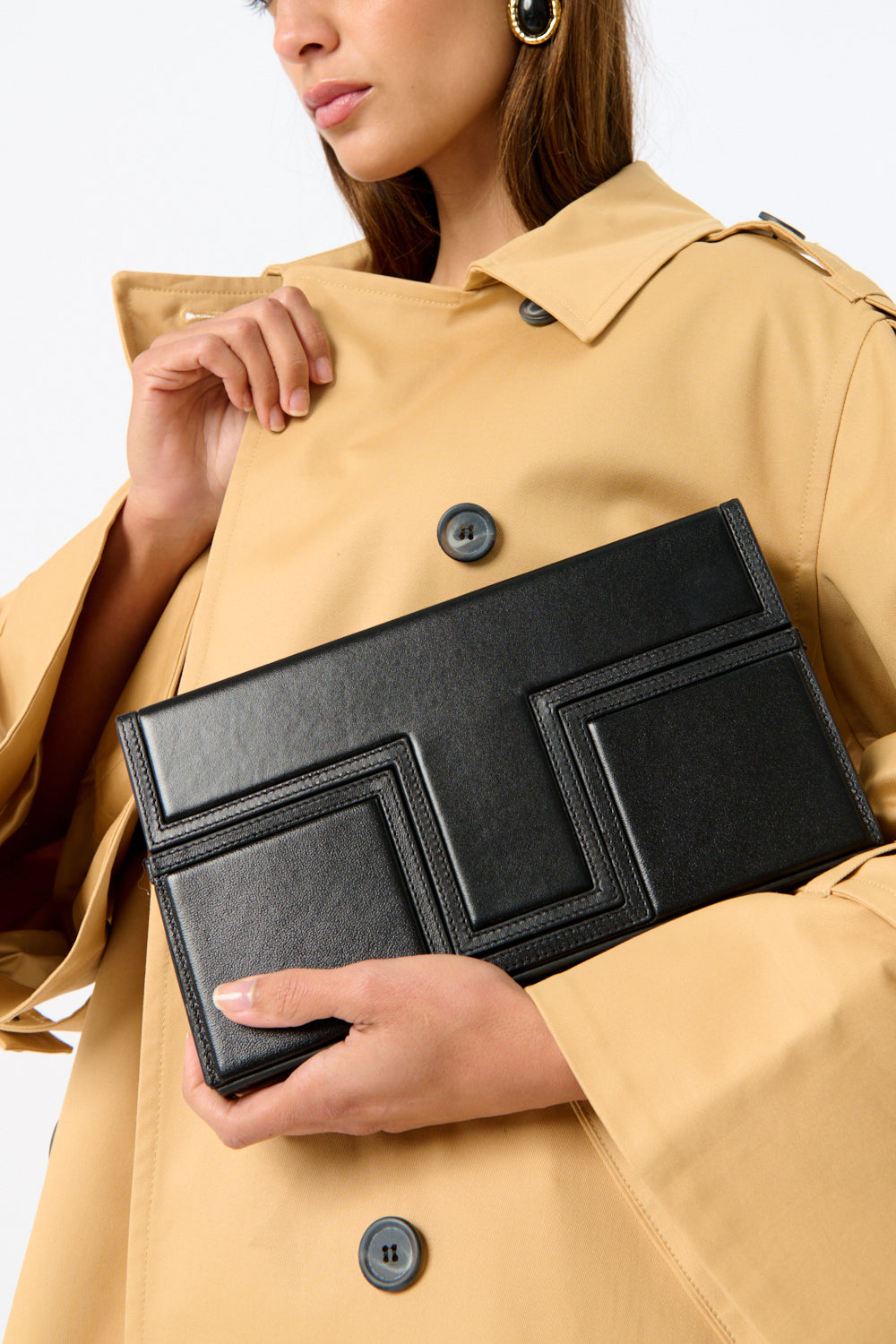 Toteme Black Leather T-Flap Clutch - Bessette